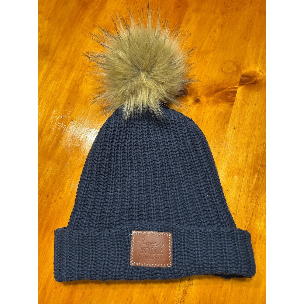 Love Your Melon Granola Navy Blue Cotton Cuffed Beanie Faux Fur Pom Hat USA